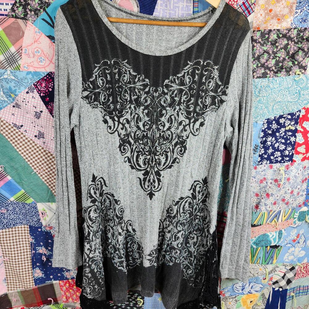 Long Sleeve Tunic Top Gray Black Lace Detail Rhinestone Accent 2X